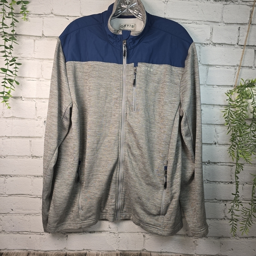 ORVIS MENS 1/4 ZIP PULLOVER JACKET GRAY NAVY BLUE MENS SIZE LARGE